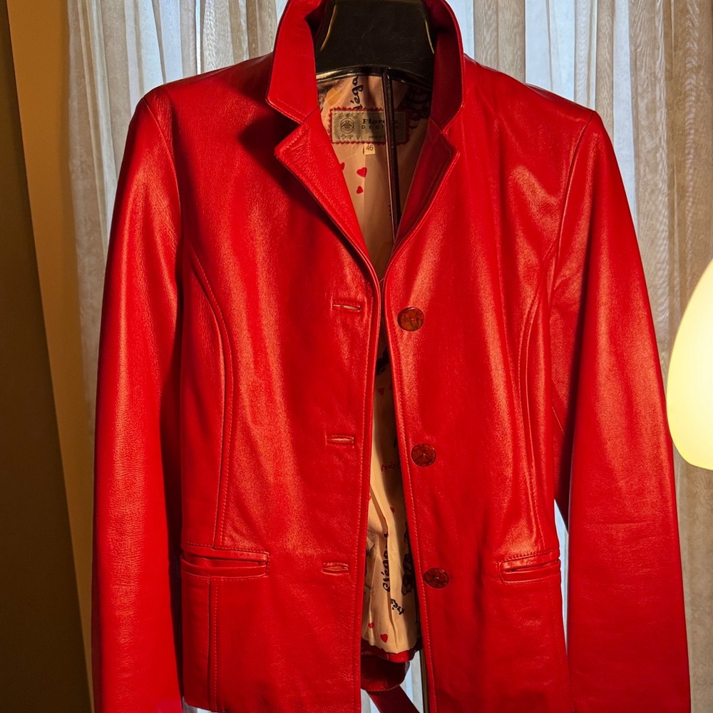 Women's Red Leather Button-Front Jacket by